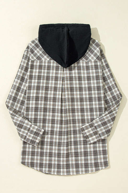 Black Checkered Print Loose Fit Buttoned Hooded Shacket