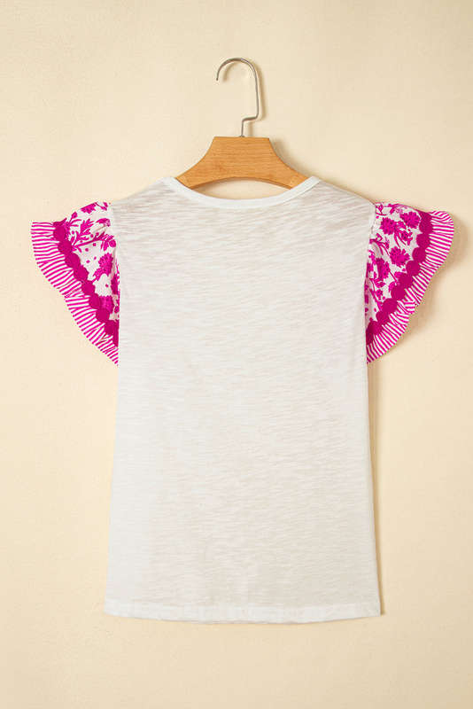 Rose Ricrac Trim Printed Flutter Sleeve Contrast Patchwork Blouse