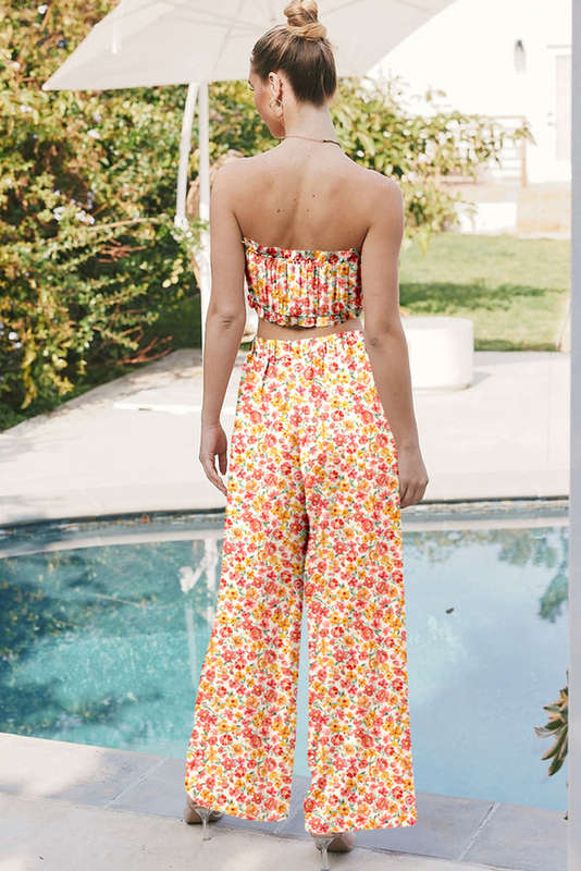 Pink Boho Floral Bandeau Top and High Waist Wide Leg Pants Set