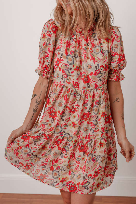 Multicolour Floral Print Frilled Neck Puff Sleeve High Waist Dress