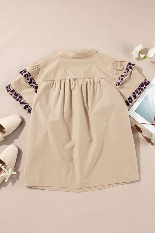 Smoke Gray Leopard Ruffles Trim Tiered Short Sleeve Blouse