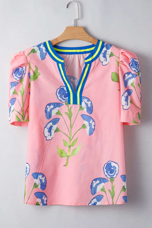 Pink Floral Print Striped Notched V Neck Bubble Sleeve Blouse
