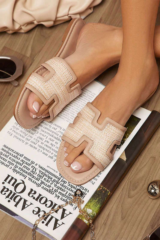 White Faux Raffia Detail Hollowed Open Toe Slippers