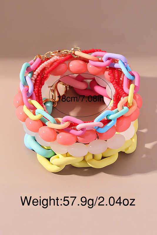 Pink Colorful Beaded Chain Link Layered Bracelet Set