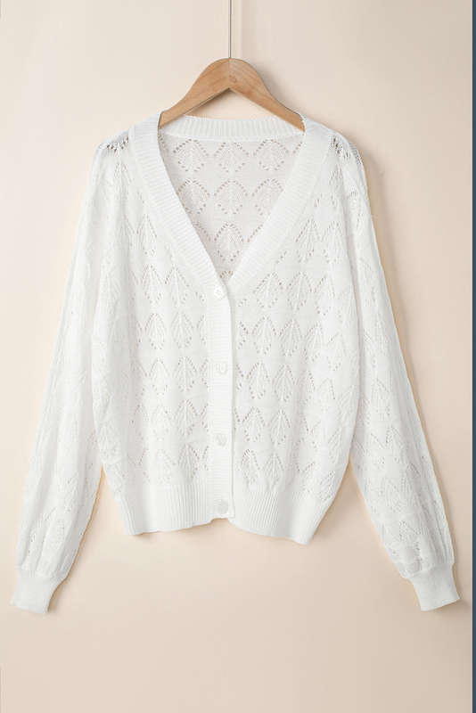 White Lightweight Buttoned Front Crochet Cardigan