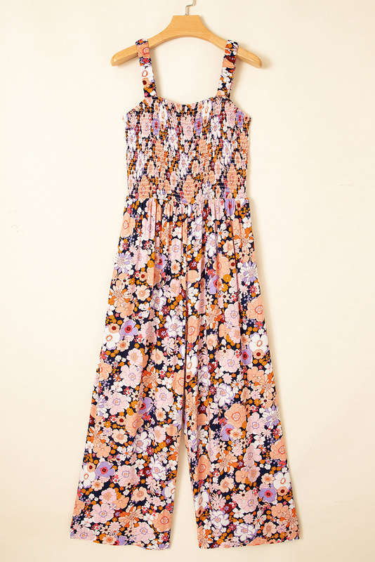 Black Floral Print Smocked High Waist Square Neck Jumpsuit