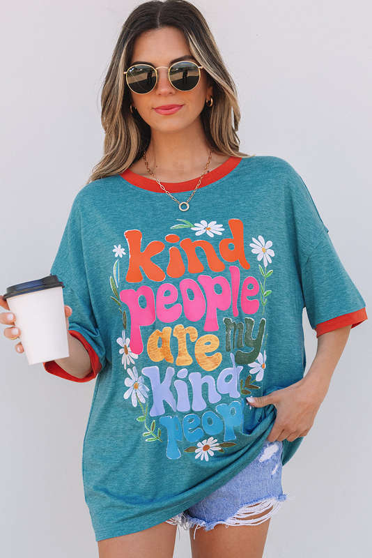 Dusk Blue Kind People are My Kind People Graphic Oversized Tee