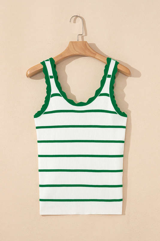 Bright Green Striped Scalloped Edge U Neck Sleeveless Sweater Vest