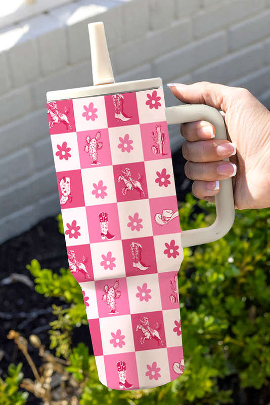 Rose Red Western Pattern Flower Checkered Print Insulated Tumbler 40OZ