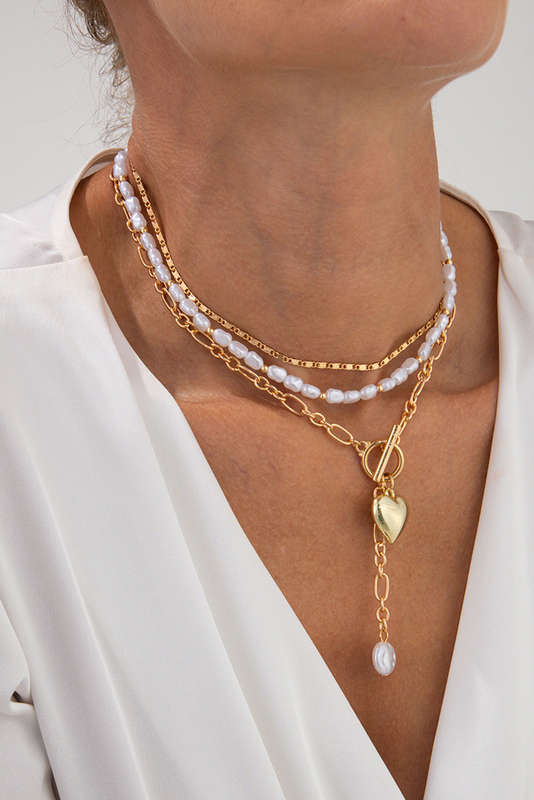 Gold Plated Heart Charm Pearl Chain Layered Necklace