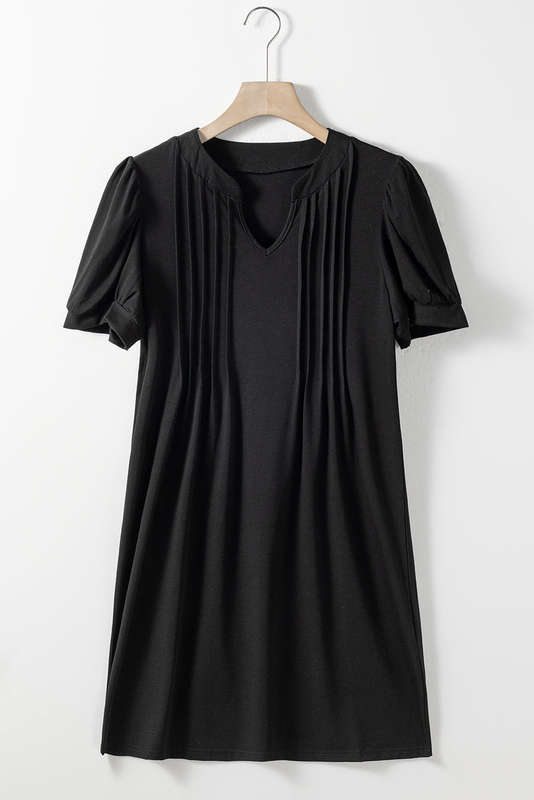 Black Notched Neck Pleated Puff Sleeve Shift T-shirt Dress