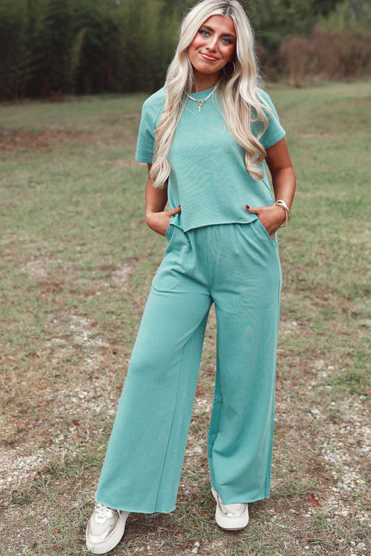 Mint Green Raglan Short Sleeve Tee and Wide Leg Pants Set