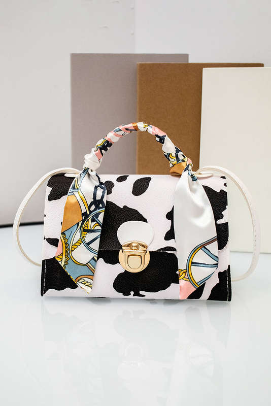 White Printed Ribbon Decor Cow Spots PU Leather Bag