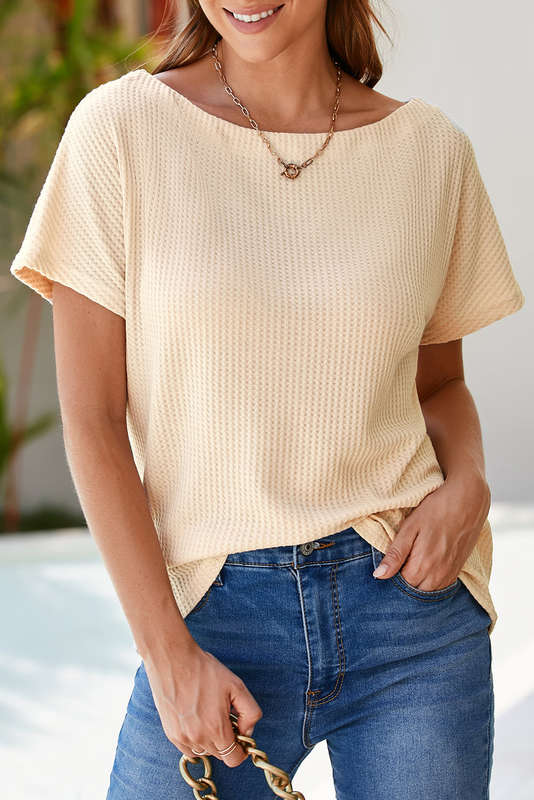 Light French Beige Waffle Knit Boat Neck Short Sleeve Top