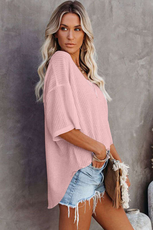 Light Pink Waffle Texture Ribbed V Neck Drop Shoulder Loose Tee