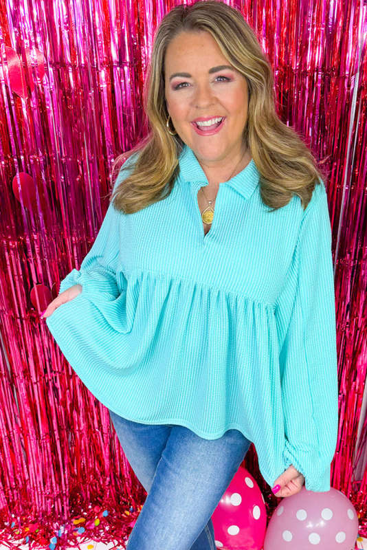 Turquoise Cordrd Balloon Sleeve Collar Plus Babydoll Top