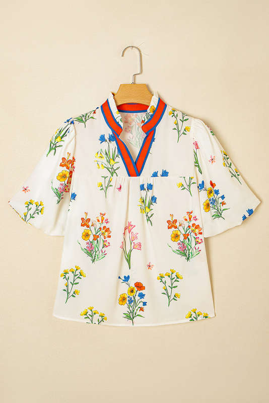 White Floral Short Puff Sleeve Contrast V Neck Print Blouse
