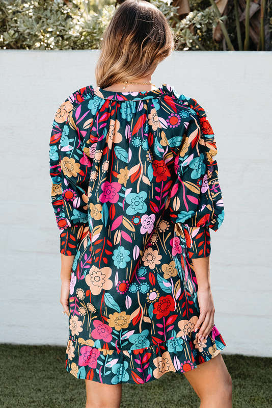 Green Floral Print Puff Sleeve Ruffled Mini Dress
