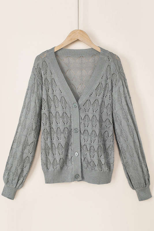 Gray Lightweight Buttoned Front Crochet Cardigan