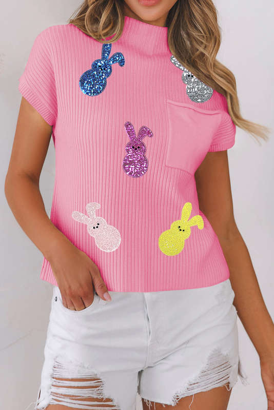 Pink Sequin Bunny Doll Graphic Ribbed High Neck Short Sleeve Sweater