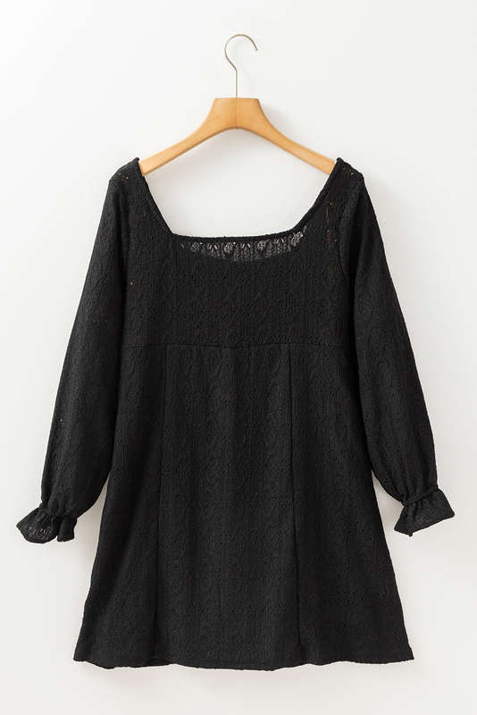 Black Lace Crochet Buttoned Square Neck Shift Mini Dress