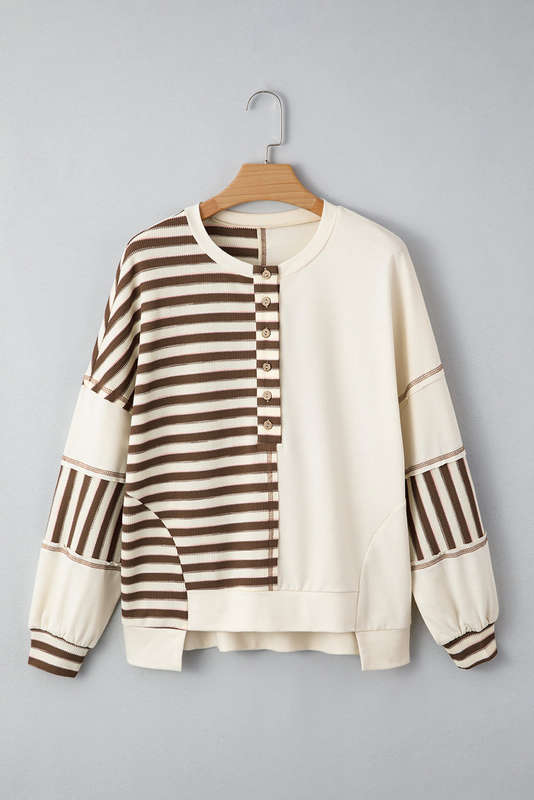 Khaki Stripe Stitched Detail Color Block Patchwork Oversized Pullover Top