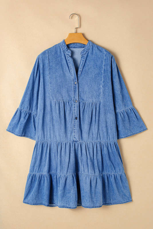 Blue V-Neck Knitted Summer Top with Exposed Seams