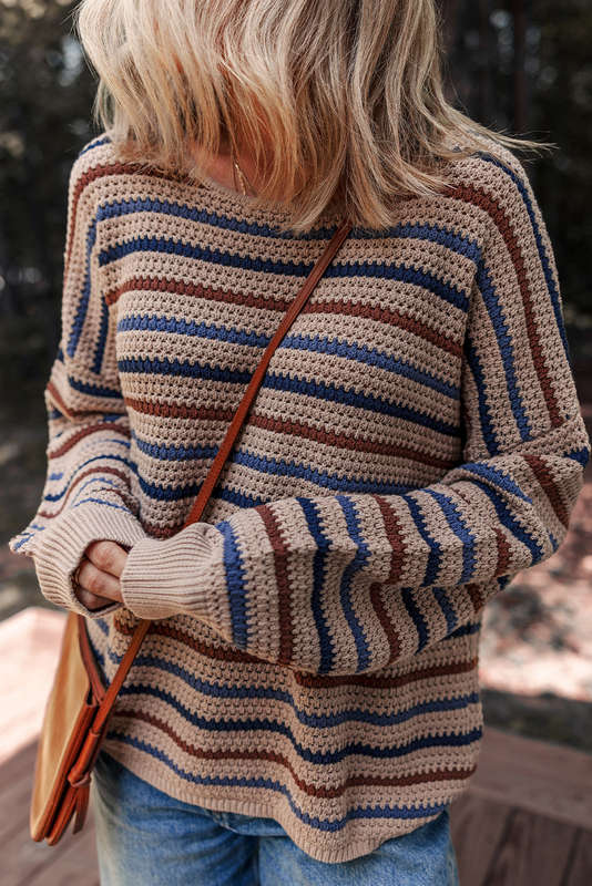 Multicolour Striped Knitted Drop Shoulder Round Neck Sweater
