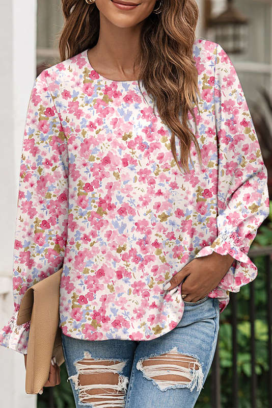 Red Floral Print Sweet Lantern Long Sleeve Blouse