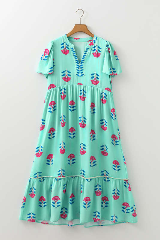 Green Floral Print Notched Neck Butterfly Sleeve Shift Long Dress