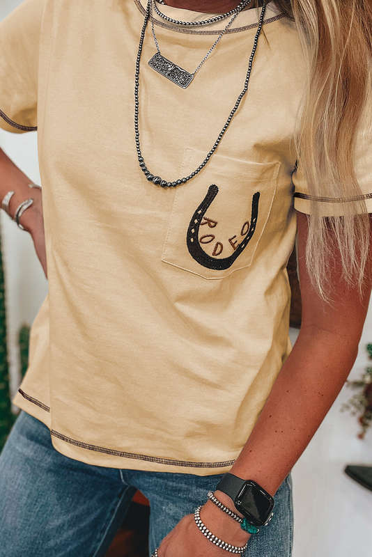Apricot RODEO Horseshoe Embroidered Patch Pocket T Shirt