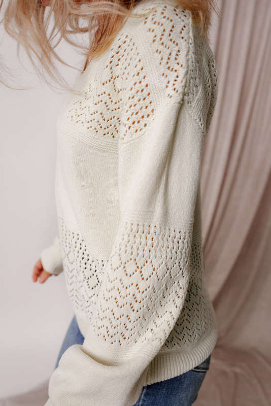 White Eyelet Pattern Detail V Neck Drop Shoulder Sweater