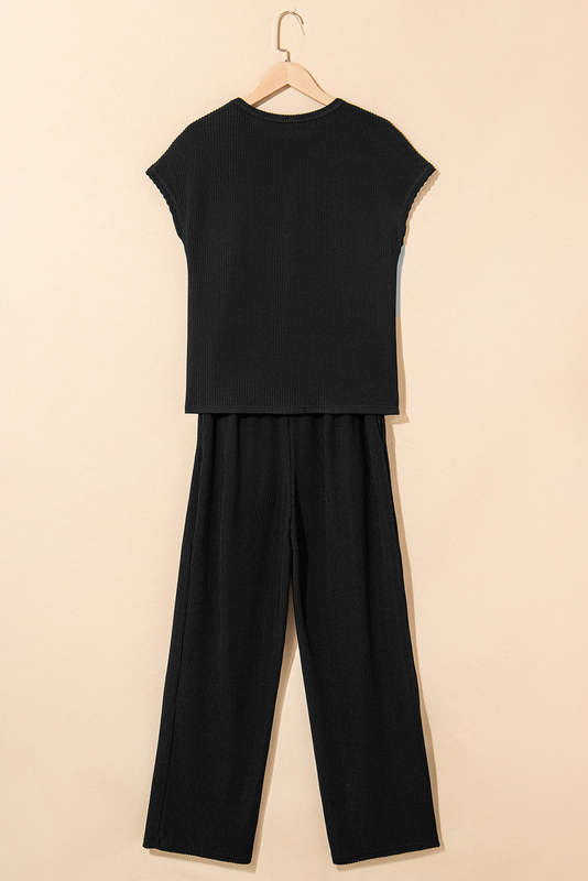 Black Solid Color Corded Short Sleeve Top and Casual Pants Set