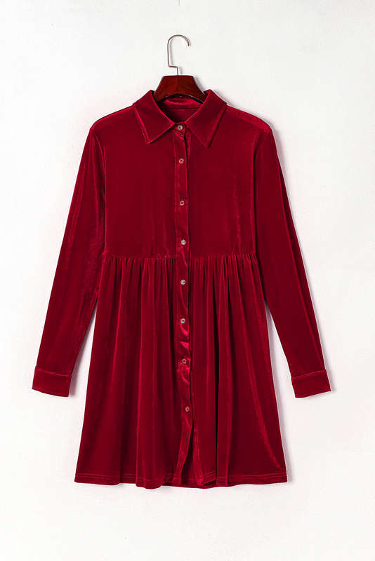 Red Long Sleeve Ruffle Velvet Button Up Dress