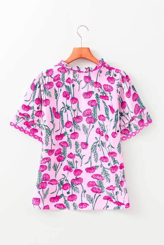 Pink Floral Lace Detail Frilled V Neck Summer Blouse