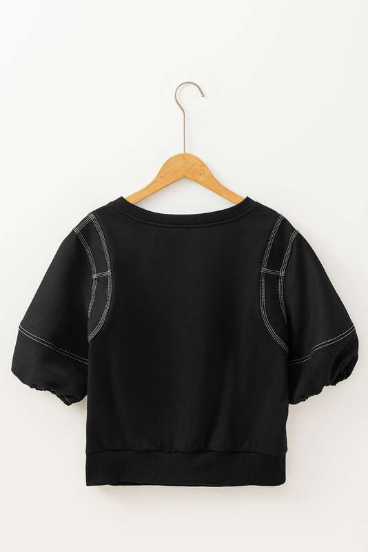 Black Contrast Stitches Detail Puffy Half Sleeve Blouse