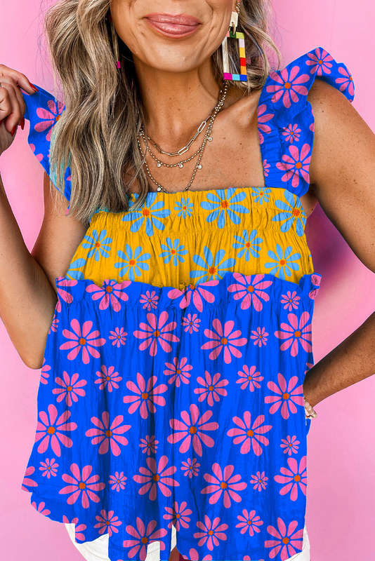 Blue Floral Colorblock Flutter Straps Flowy Tank Top