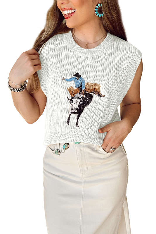White Western Cowboy Embroidery Round Neck Sleeveless Sweater
