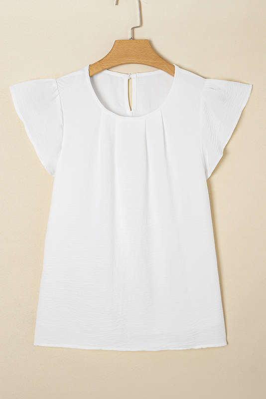 White Flounce Sleeve Pleated Textured Blouse