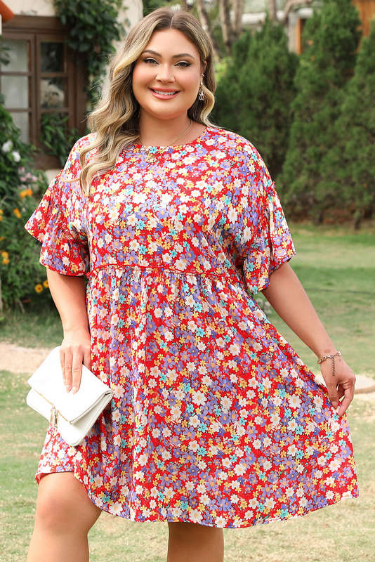 Red Dainty Flower Printed Plus Size Short Sleeve Shift Dress