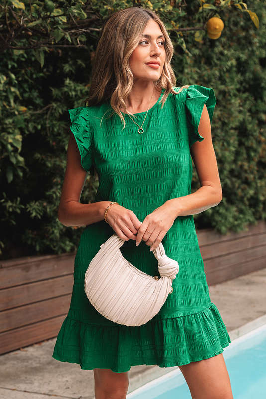 Dark Green Textured Flutter Sleeve Ruffled Mini Dress