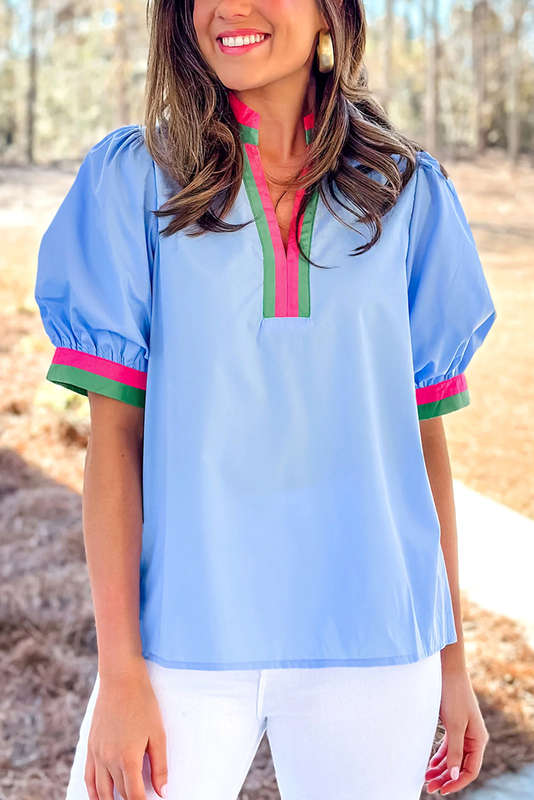Sky Blue Contrast Striped V Neck Collision Short Puff Sleeve Blouse