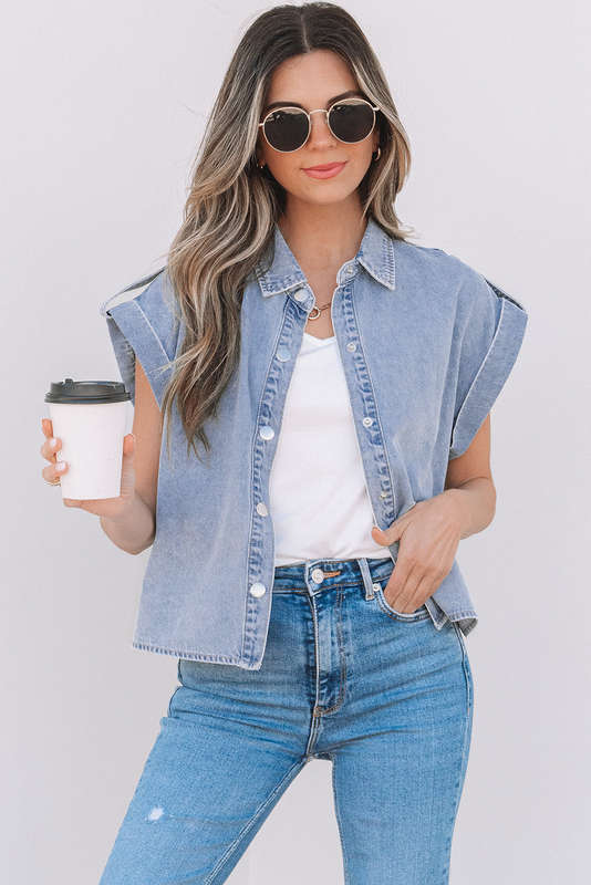 Blue V-Neck Knitted Summer Top with Exposed Seams