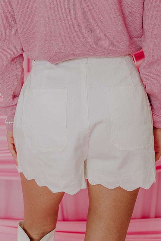 White Scalloped Hemline Acid Wash High Waist Denim Shorts