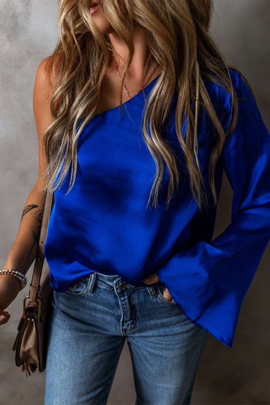 Blue V-Neck Knitted Summer Top with Exposed Seams