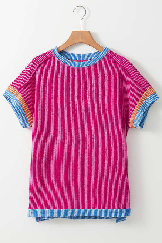 Bright Pink Textured Contrast Trim Round Neck T Shirt