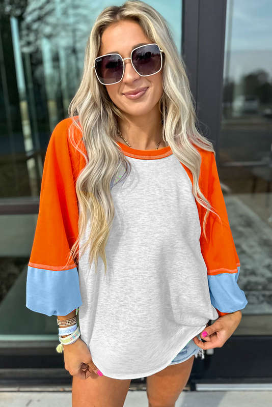 Light Grey Color Block Raglan Sleeve Contrast Stitching Loose Fit Top