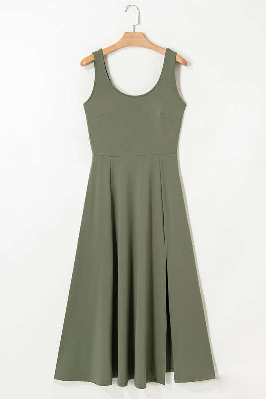 Four Leaf Clover Sleeveless Scoop Neck Flared Split Midi Dress