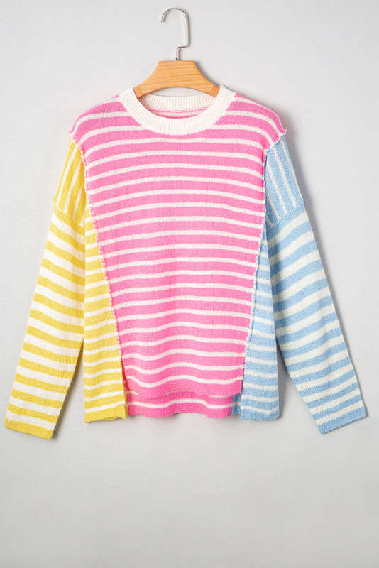 Multicolour Color Block Striped Patchwork Dolman Sleeve Slit Sweater