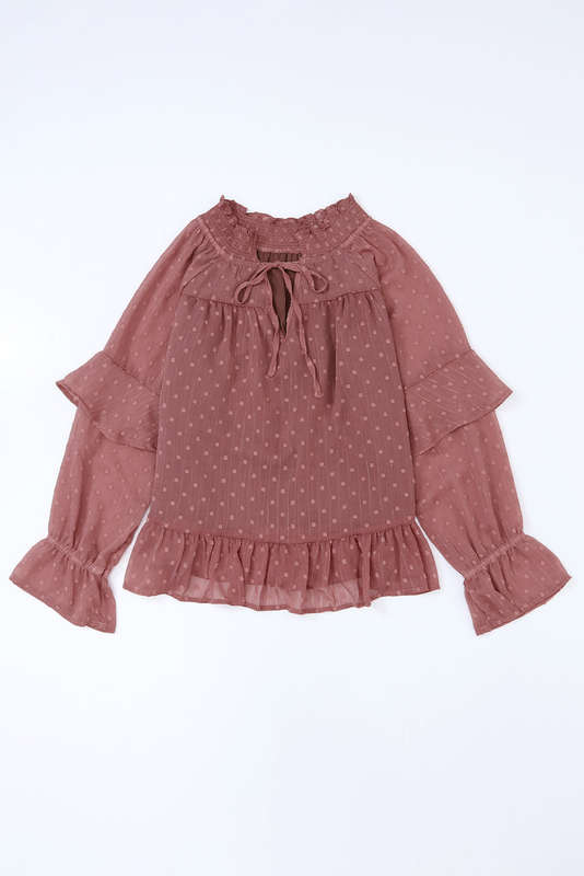 Red Swiss Dot Lace up V Neck Ruffled Blouse
